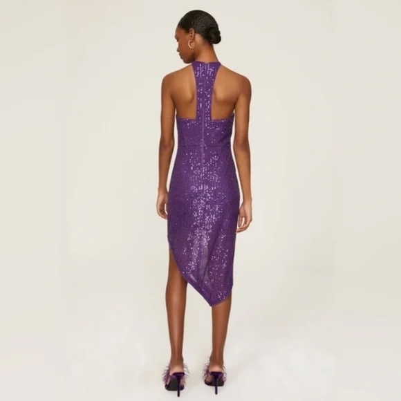 💜 TOCCIN x RTR Purple Sequin Asymmetrical Halter Dress – Size 14 ✨ - Picture 2 of 5